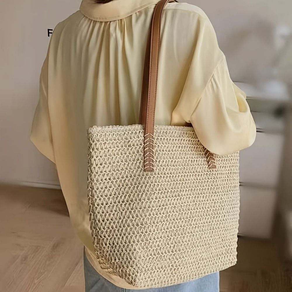 Cute Solid Color Weave Straw T - Tote Bag Beach ulasan dan harga